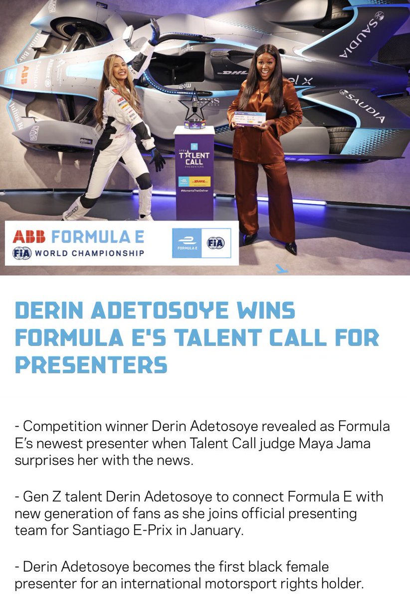 derinadetosoye's tweet image. SAY HELLO TO @FIAFormulaE’s NEWEST PRESENTER... I won the Open Talent Call for Presenters!!!! 🏆🏆🏆🏆