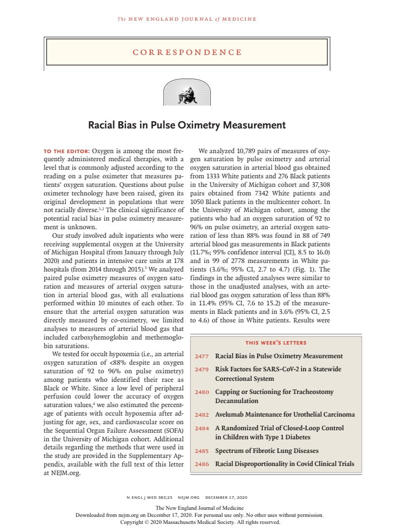 UREssien's tweet image. Must read.

“Black patients had ~3x more hypoxemia that was not detected by pulse oximetry as White patients.

...reliance on pulse oximetry to triage patients and adjust supplemental oxygen levels may place Black patients at ⬆️ risk for hypoxemia.”

Link: nejm.org/doi/full/10.10…