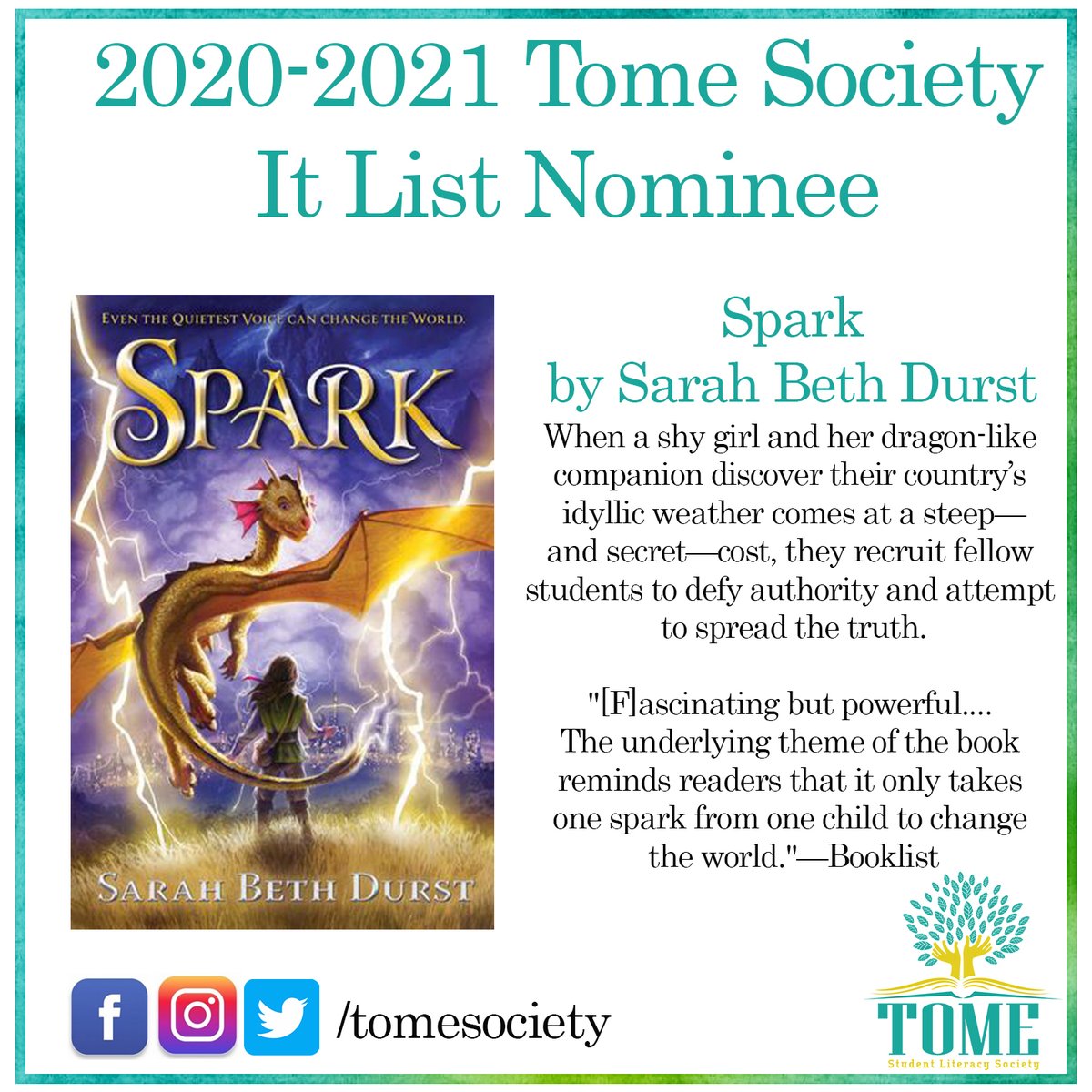 TomeSociety's tweet photo. Since @sarahbethdurst is a 2-time It List author this year, we get to talk to her again! This time we'll be chatting about her #ClubTome book, #Spark. Submit your questions at https://t.co/2ieN6jRLk6 or at https://t.co/Ll0LF2YcO4 - look for the TomeCon All Year Long banner! https://t.co/e1ACIOwIXv