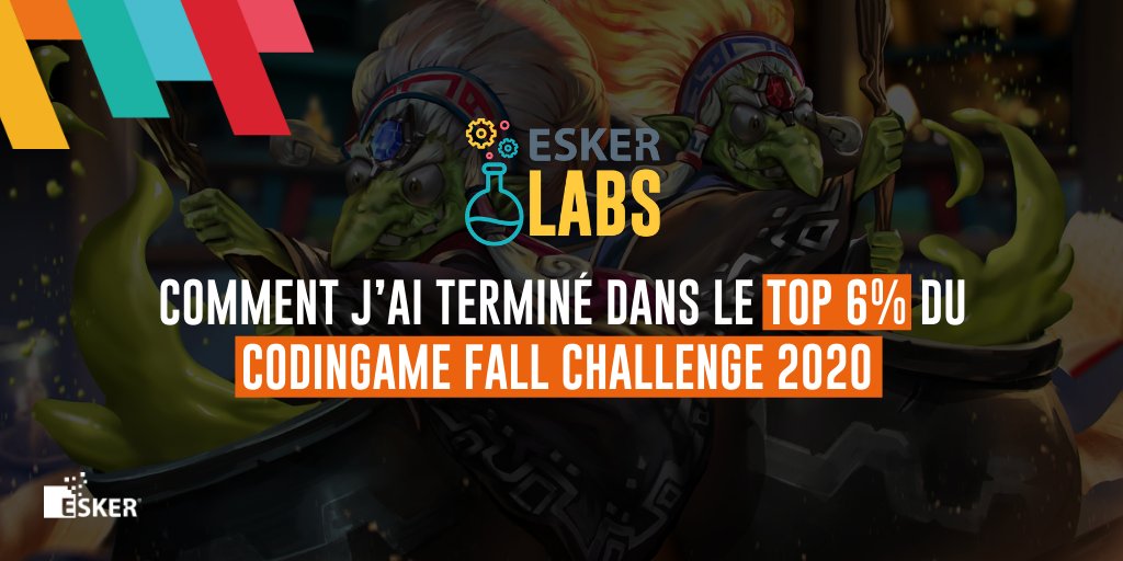 EskerFrance's tweet photo. [Esker Labs]
Cédric dévoile, exclusivement pour Esker Labs, sa ruée vers la Ligue Or lors du dernier Challenge @CodinGame et la stratégie qui l’a conduit au top 6% du classement !
>>https://t.co/6PXWsC95KD
#feedback #PostMortem #fallchallenge2020 https://t.co/fvMrnXfbsT