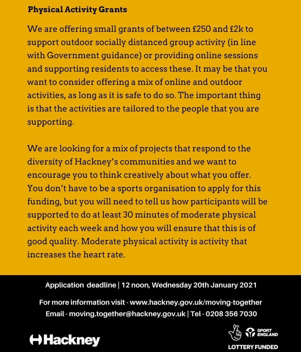 We are excited to launch a borough-wide small grants programme for community organisations and groups across Hackney to support residents to participate in physical activity 💃. For more information, guidance notes and the application form, please visit - hackney.gov.uk/moving-together
