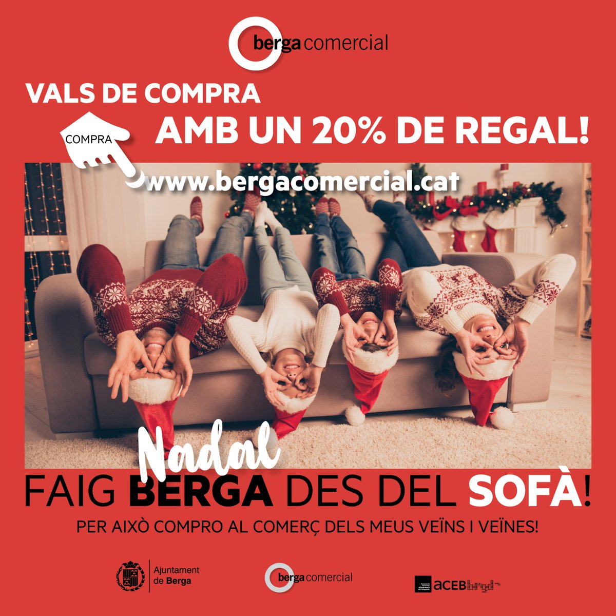 AjuntamentBerga's tweet photo. Fes Berga i Nadal des del sofà! La campanya de fidelització per promoure el consum als comerços locals i de proximitat ja ha començat! Participa en la iniciativa i adquireix els vals de compra amb un 20% de regal en aquest enllaç: https://t.co/xZQDaNc4L5 https://t.co/Nu39G3WMwq