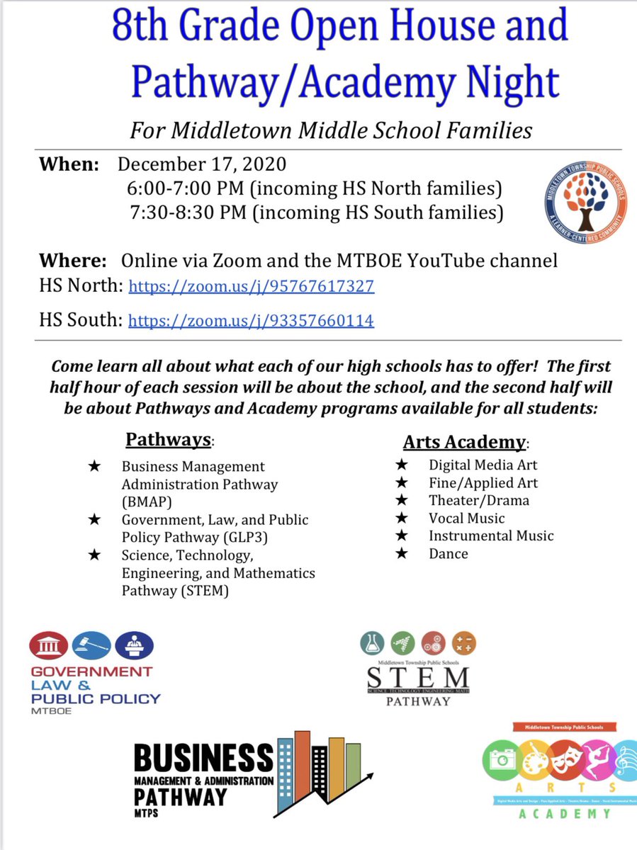 Reminder 8th Grade Open House and Pathway/Academy Night is tonight! All links and info can be found on the Middletown District Website!