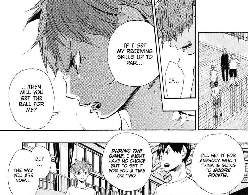 What happened to Atsumu is nothing different than what happened with Kageyama. He asked Hinata to prove himself as worthy to stand on the court, and once he did Kageyama set to him no problem, and then promised he would keep doing it.(4/4)