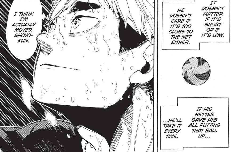 Only once Hinata proved him that he’s much more than just high jumps, THEN Atsumu said what he said.Before Atsumu and Kageyama desired to toss to him he showed them both his mentality of ALWAYS giving it his best.(3/4)