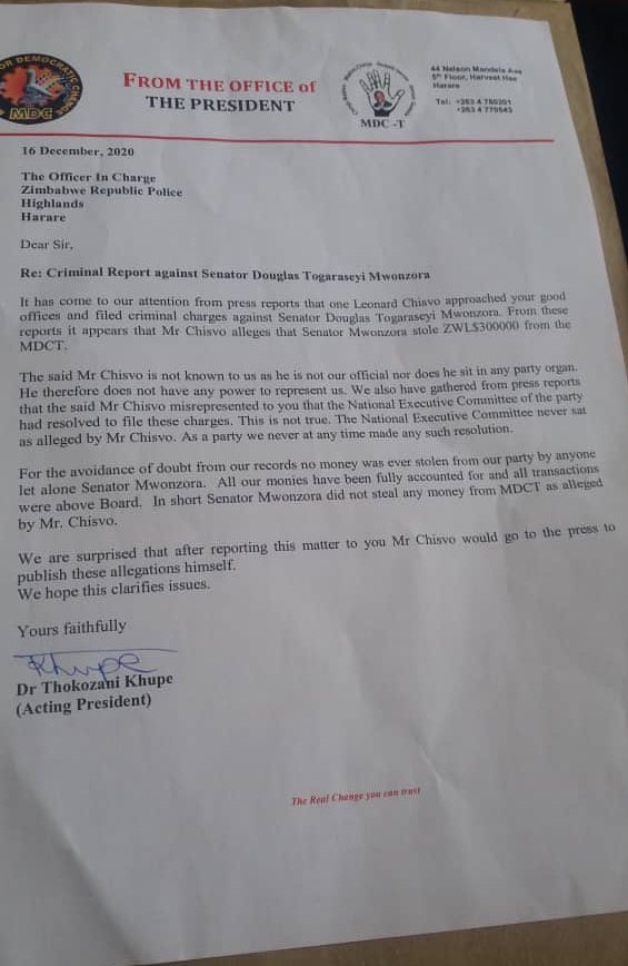 HStvNews's tweet photo. #Justin Acting leader of @MyMDC_T @DrThoko_Khupe has backed @DMwonzora saying police should back off from investigating her Secretary General. In the meanwhile party spokesman said @DMwonzora stole money and police must come in. @bbmhlanga https://t.co/Z9vzWccQdl