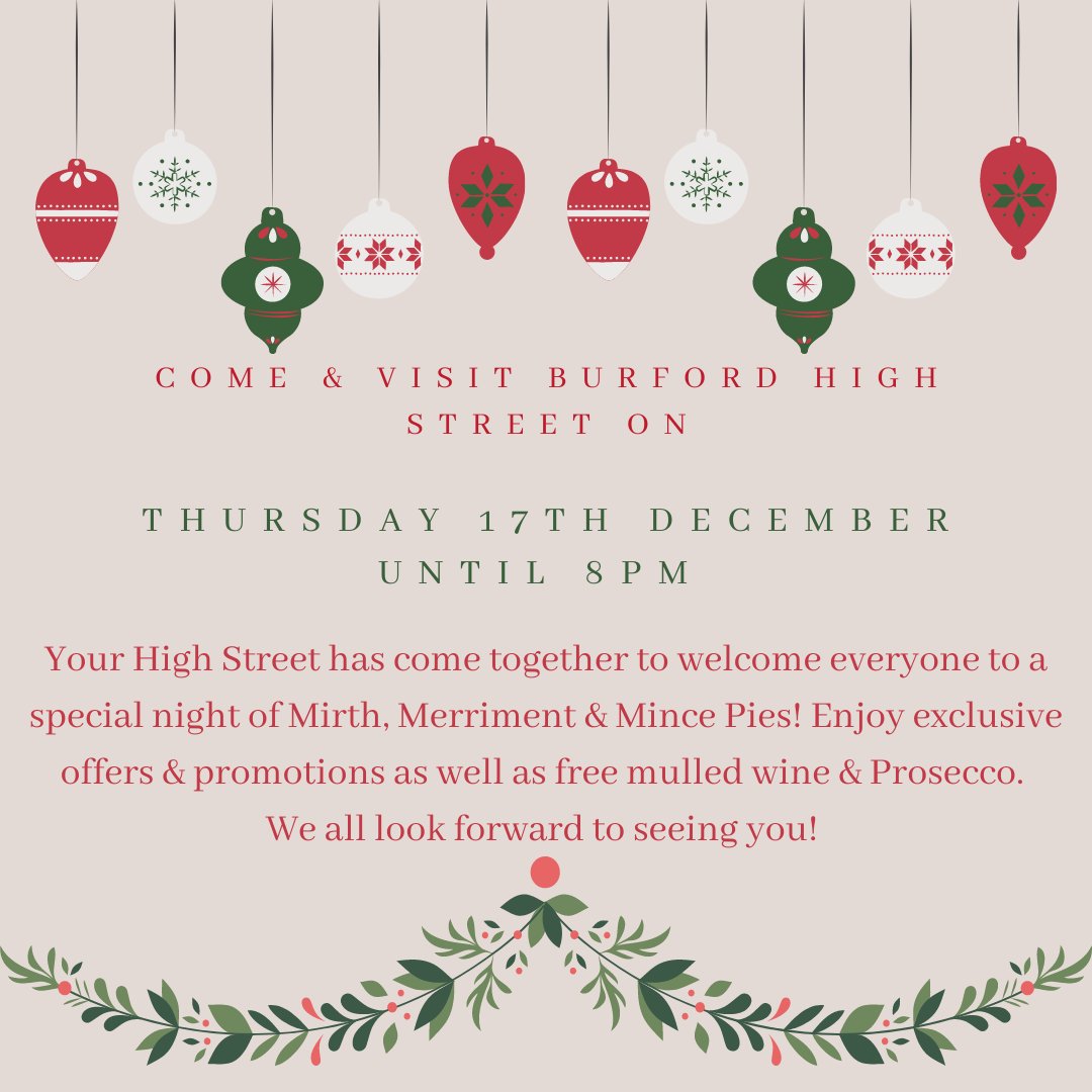 Come to Burford for a night of promotions, mulled wine and mince pies today until 7pm. To express our thanks for the loyalty and support our customers have shown this year, we are giving a discount of 15% on this day only. Can't make it? Then contact us by phone or email.