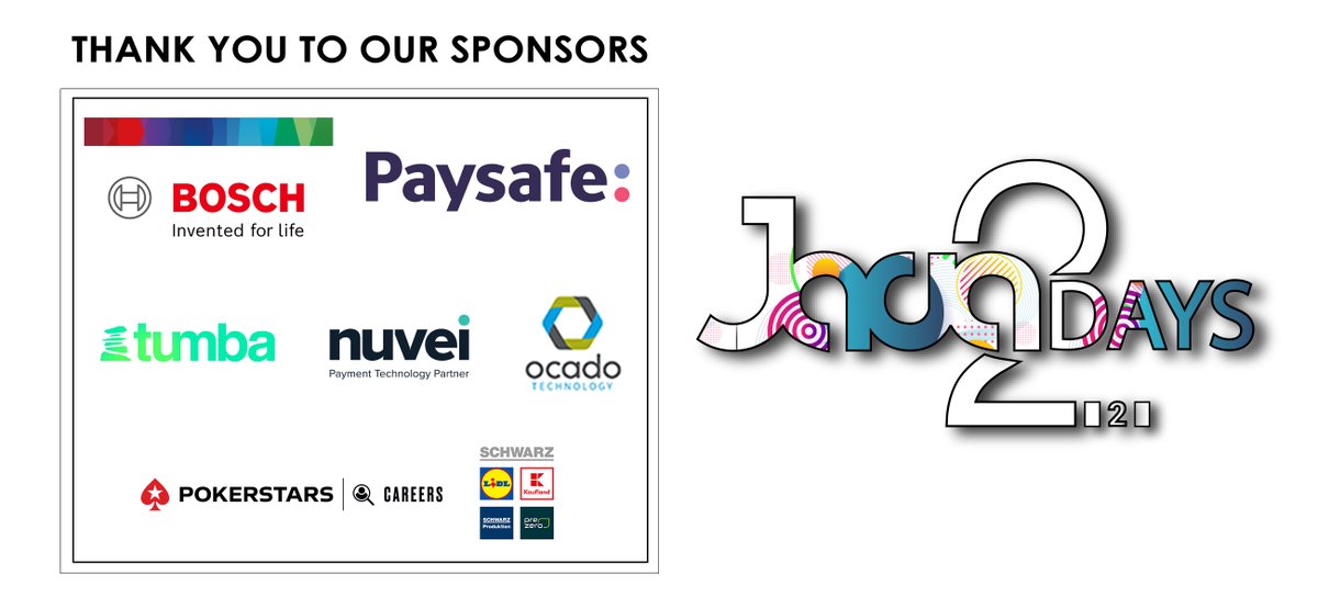 Java2Days's tweet photo. Thank you to our #sponsors for supporting us in this #lastminute #Java2Days 2020 #Virtual adventure!
@Bosch_IO @TumbaSolutions @PlugIntoPaysafe @NuveiTech @OcadoTechnology #SchwarzItBulgaria @PokerStarsLife https://t.co/IRVxnT7D6N