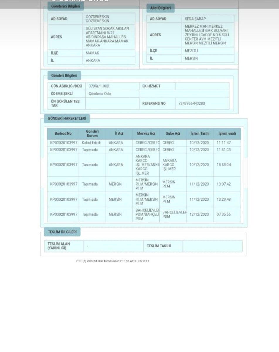 Sevgili <a href="/Trendyol/">Trendyol</a> lütfen Mersin kargolarını <a href="/PTTKurumsal/">PTT AŞ</a> kargoya vermeyin lütfen. Böyle saçmalık görmedim ya 5 gündür Bahçelievler Pdm'de kargom. Dağıtım olmadığı gibi tek bir mesaj dahi yok sıfır hizmet! Her defasında aynı şey.