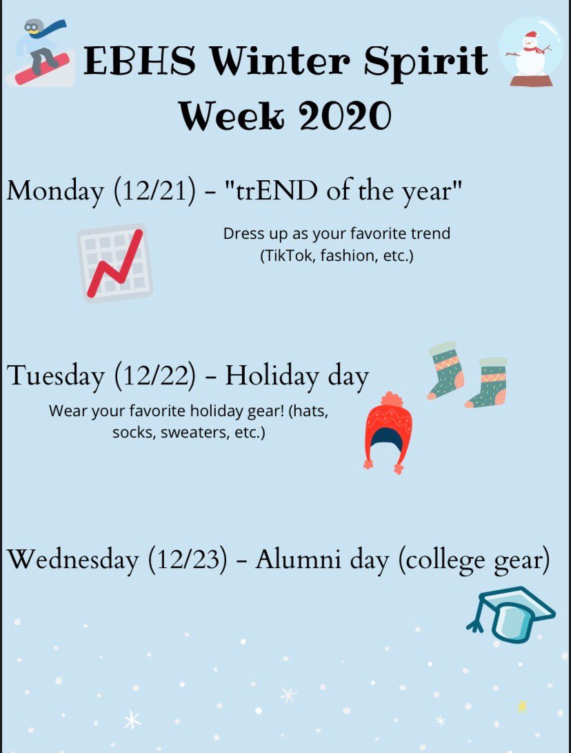 Spirit week is back! Wear the trend of the year on Monday 📈📈. Then on Tuesday wear your holiday hat 🧢🎩. Finally on Wednesday it’s Alumni Day! 🎓 Don’t forget to dm us all of your pictures 🐻💚🐻💚@EBHSprinc