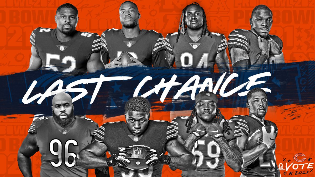 🗣 IT'S THE FINAL COUNTDOWN!

☝️ RT = ✌️ VOTES
#ProBowlVote <a href="/FiftyDeuce/">Khalil Mack</a>
#ProBowlVote <a href="/AllenRobinson/">Allen Robinson II</a>
#ProBowlVote <a href="/ceeflashpee84/">cordarrelle patterson</a>
#ProBowlVote @BoJack39
#ProBowlVote <a href="/The_Dream99/">akiem hicks</a>
#ProBowlVote @RoquanSmith1
#ProBowlVote <a href="/Grindin_59/">Danny Trevathan</a>
#ProBowlVote #KyleFuller