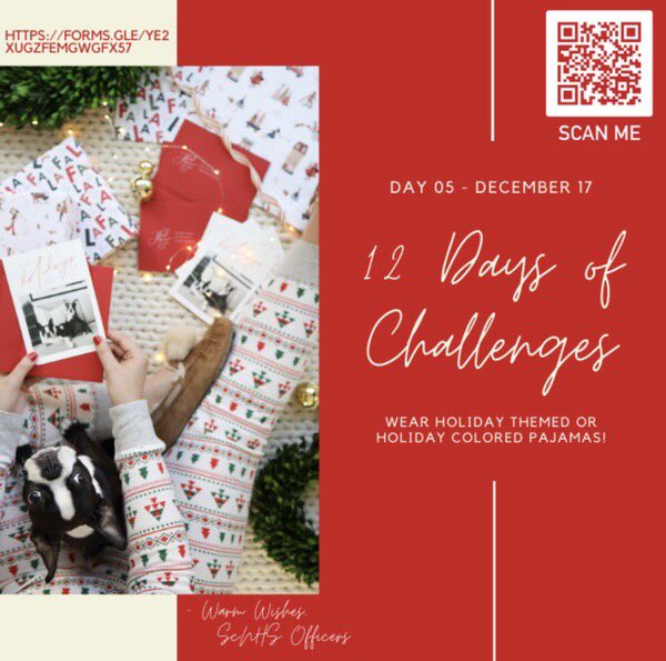 Day 5 of 12 Days Challenges!
Wear your holiday themed or colored PJ’s then submit a picture to the QR code. 🎄🎅🏻