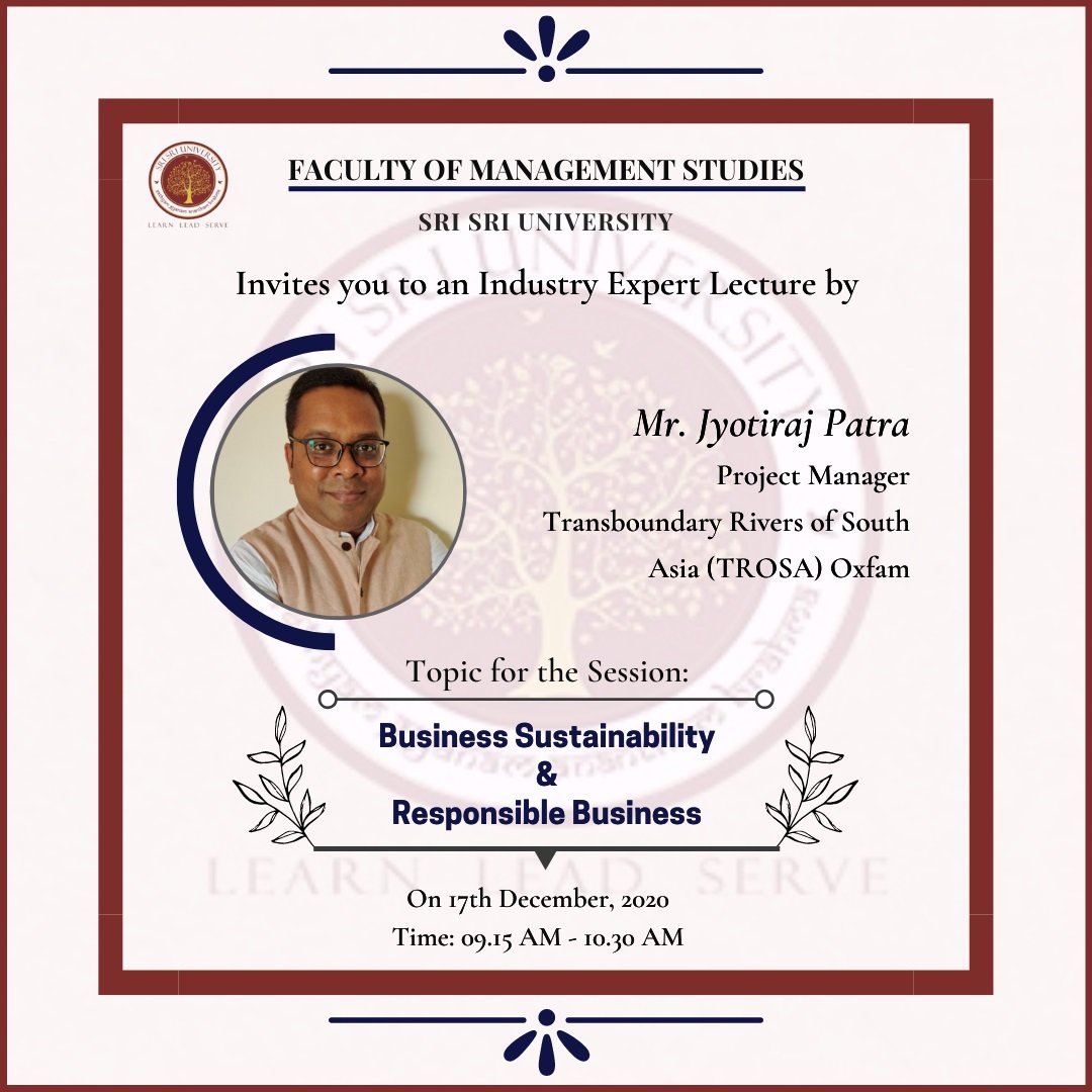 Thank you Mr. <a href="/patrajyotiraj/">@patrajyotiraj🌳</a> for your insightful &amp; interactive session on #BusinessSustainability  Responsible Business with our #MBA students.Sharing of your experiences at <a href="/RiversTROSA/">TROSA</a> @OxfaminAsia and learning from <a href="/cisl_cambridge/">Cambridge Institute for Sustainability Leadership</a> were very useful for our students

#LifeatSSU