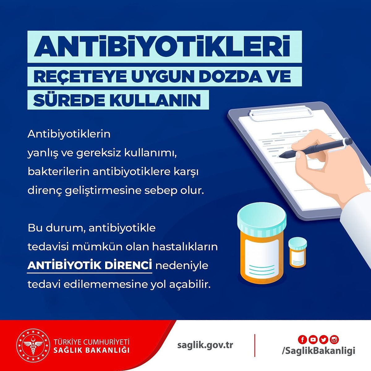 Antibiyotiklerin yanlış ve gereksiz kullanımı, bakterilerin antibiyotiklere karşı direnç geliştirmesine sebep olur.
Antibiyotikleri reçeteye uygun dozda ve sürede kullanın.
#AntibiyotikDirenci