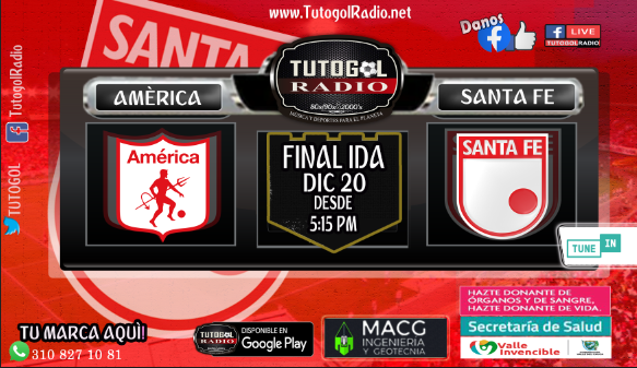 TUTOGOL's tweet photo. En https://t.co/CsH5cqhX1G Se viene #FinalLigaBetPlay⭐️#Domingo
Será una transmisión #Impresionante #RadioDeFinales
⚽️ @AmericadeCali vs @SantaFe
🔥 @TUTOGOL @BochaJimenez @GilmarReyes @jorgeshaves
La alegría se grita #TatataFe #EquipoDelCielo
#NoALaPolvora @secsaludvalle https://t.co/kDXIMqk3oc