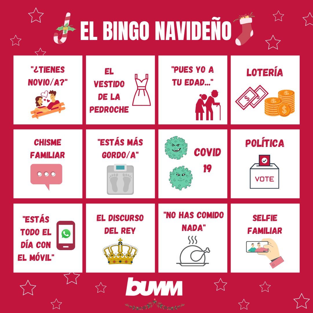 Hay tradiciones que se repiten, y sí, hablamos de la Navidad ✨pero concretamente de las cosas que ocurren durante las comidas y las cenas 🍽️ familiares. Por eso.. ¡¡Os traemos nuestro bingo navideño!! 🎉

¿Qué tema de conversación representa más tu cena de Navidad?

#BUMM