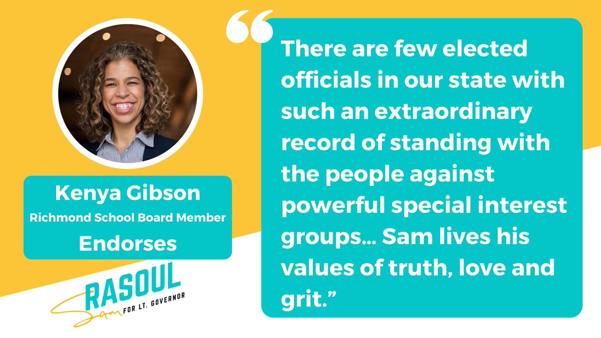 KenyaRVA's tweet photo. I am proud to endorse @Sam_Rasoul for Lieutenant Governor. There are few elected officials in our state with such an extraordinary record of standing with the people against powerful special interest groups. https://t.co/2PvcI8RzXh