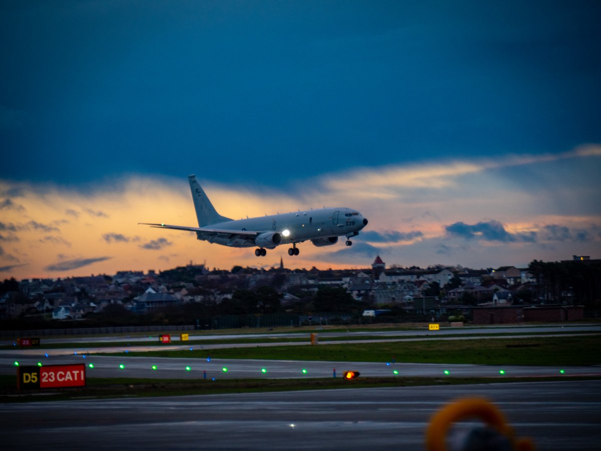 USNavyEurope's tweet image. Mission ready! ✈️ 
A P-8A Poseidon anti-submarine warfare patrol aircraft, assigned to the "Grey Knights" of Patrol Squadron 46, returns to @RAFLossiemouth from a recent patrol mission. #NavyReadiness #VP46