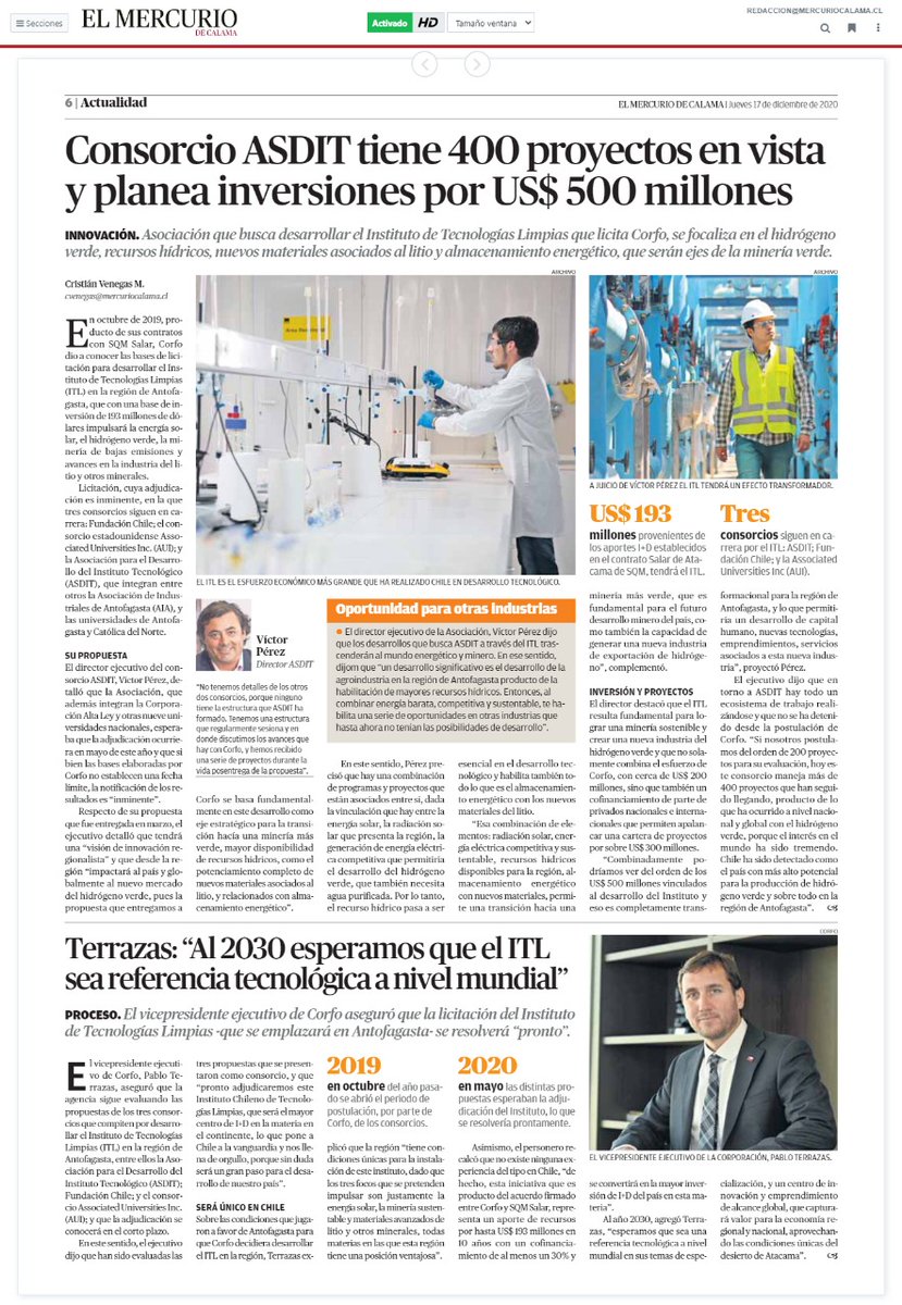 Ya estamos en la recta final de la adjudicación del ITL, impulsada por <a href="/Corfo/">Corfo</a> y hoy, en El Mercurio de Calama, nuestro director ejecutivo, Víctor Pérez repasa las principales fortalezas de nuestra propuesta y los beneficios que traería para Chile #hidrogenoverde  #mineriaverde