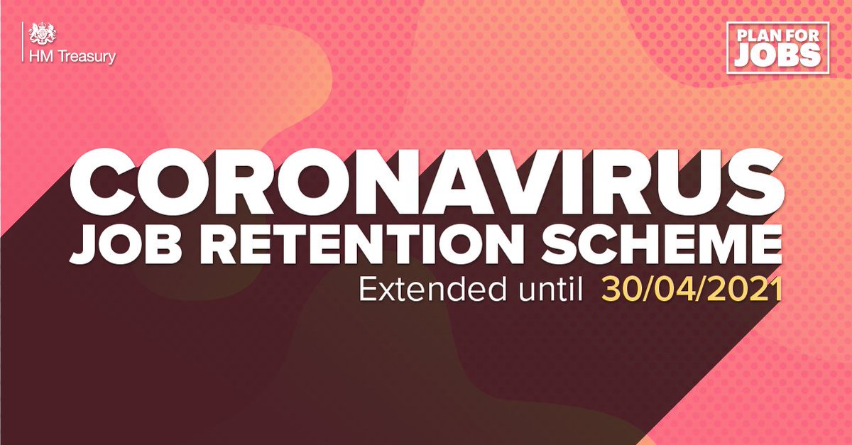 hmtreasury's tweet photo. The Coronavirus Job Retention Scheme has been further extended until the end of April 2021.

This means that furloughed employees will continue to receive 80% of their usual salary for hours not worked until the end of April. #PlanForJobs

Read more: https://t.co/5fxp0dHECn https://t.co/Hx8lSEEXzl