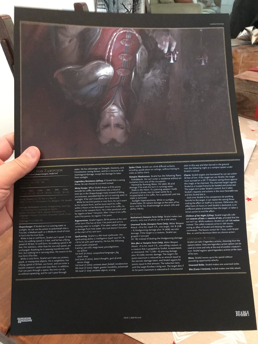 Strahd gets his own encounter card to hang on the screen. Oversized (obviously). Printed in a high quality textured cardstock. Not sure how to describe it, it feels like it has a special coating on it or something. One critique—top of the stat block is a bit hard to read.