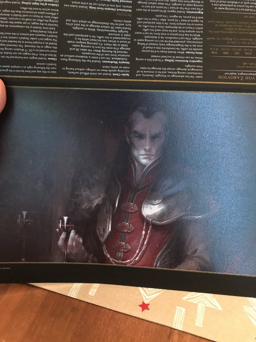 Strahd gets his own encounter card to hang on the screen. Oversized (obviously). Printed in a high quality textured cardstock. Not sure how to describe it, it feels like it has a special coating on it or something. One critique—top of the stat block is a bit hard to read.