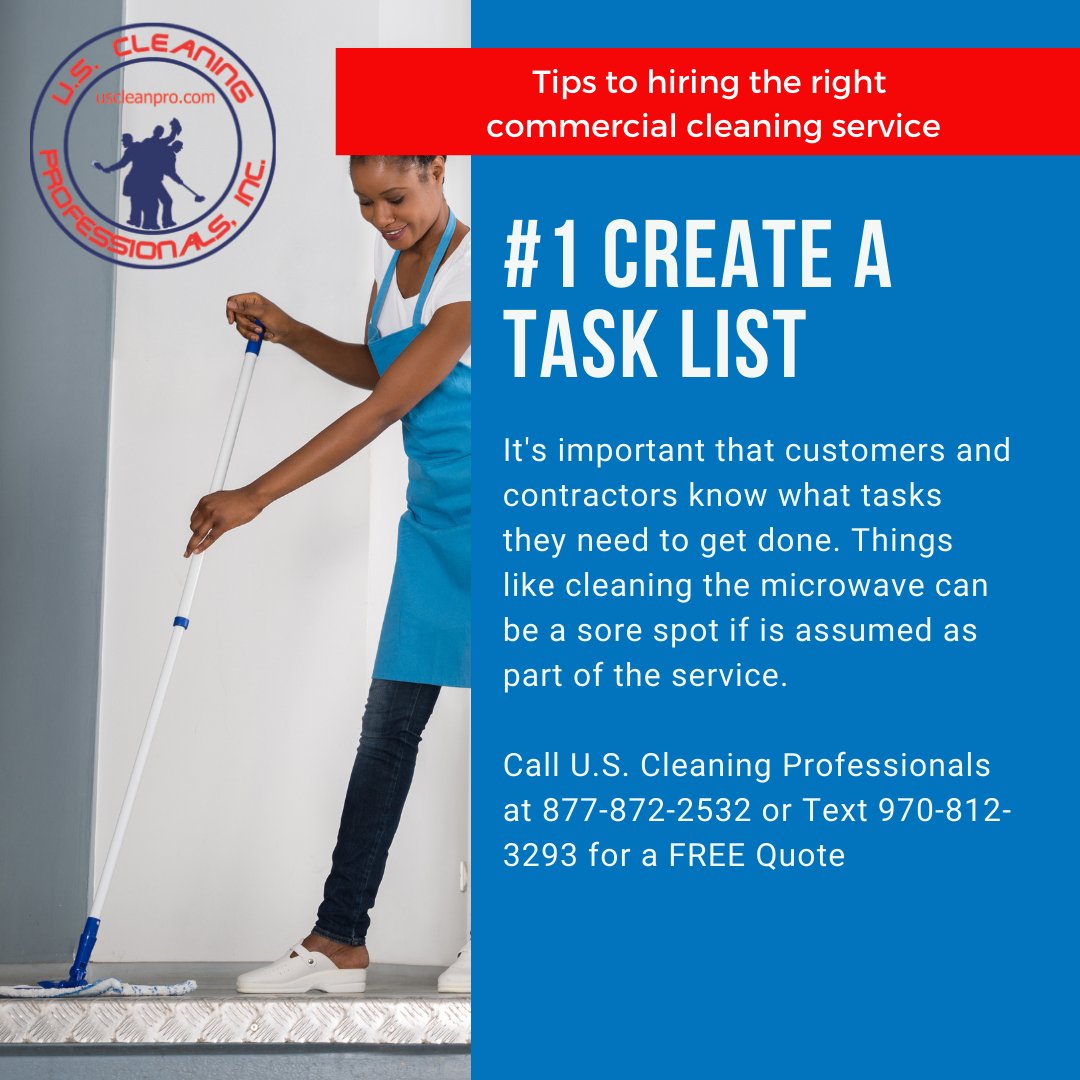 uscleanpro's tweet photo. Tips to hiring the right commercial cleaning service - Call U.S. Cleaning Professionals at 877-872-2532 or Text 970-812-3293 for a FREE Quote https://t.co/fMHlzQ52B1