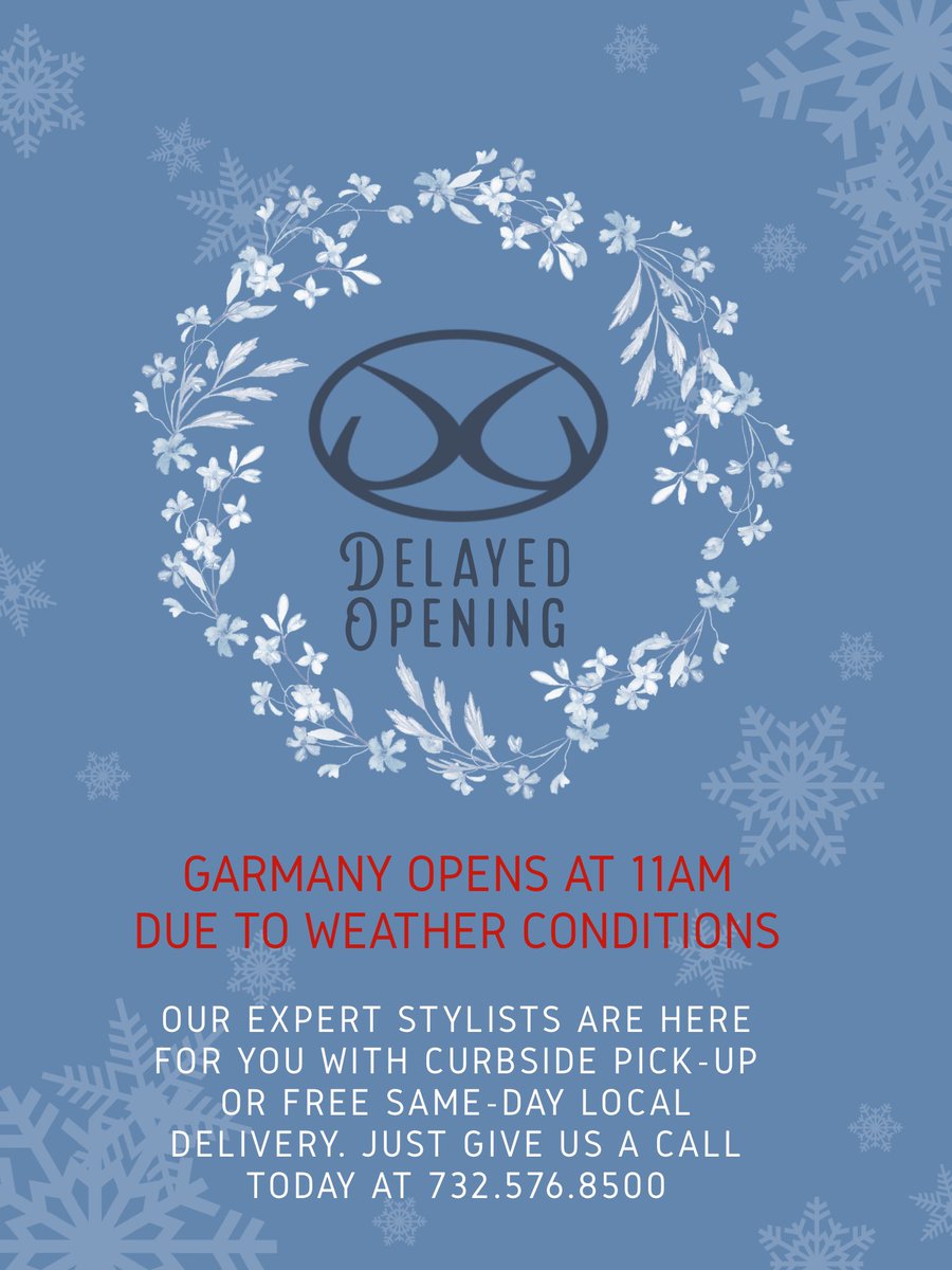 GARMANY's tweet photo. Due to winter weather conditions, we will be opening at 11AM today. Say safe and we're here for you ❄️ https://t.co/zxECPLa5eZ