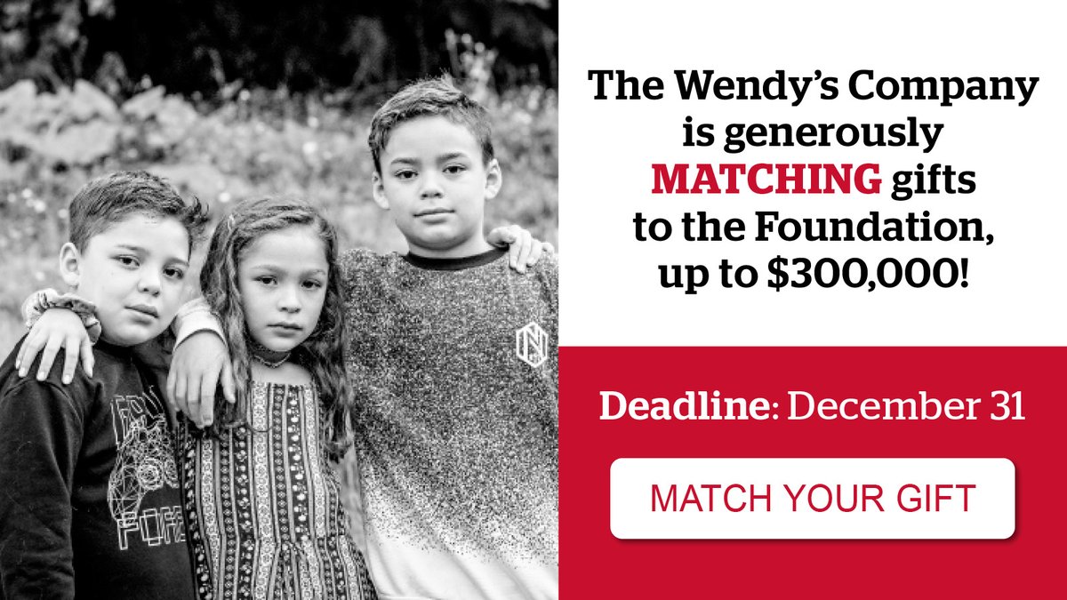 DTFA's tweet photo. Now through December 31, your gift to the Foundation could be MATCHED $1 for $1, up to $300,000, thanks to @Wendys! Help find forever families for children who have been waiting in #FosterCare the longest. Give now at https://t.co/2N7Amc5W6M https://t.co/H2CueEHQ96