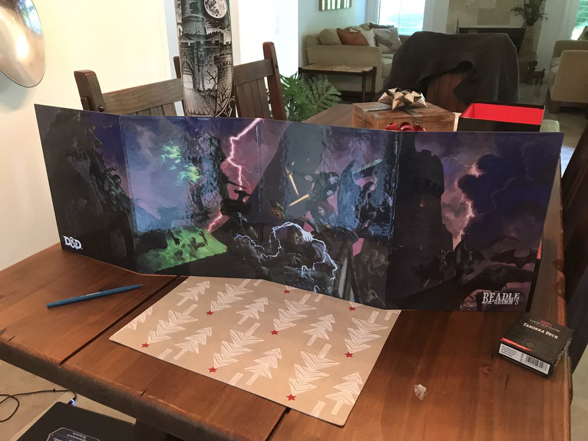 DM Screen is in —portrait—mode. They really want you to hide your secrets. It is specific to this adventure, with tables for names, encounters, a map, etc.