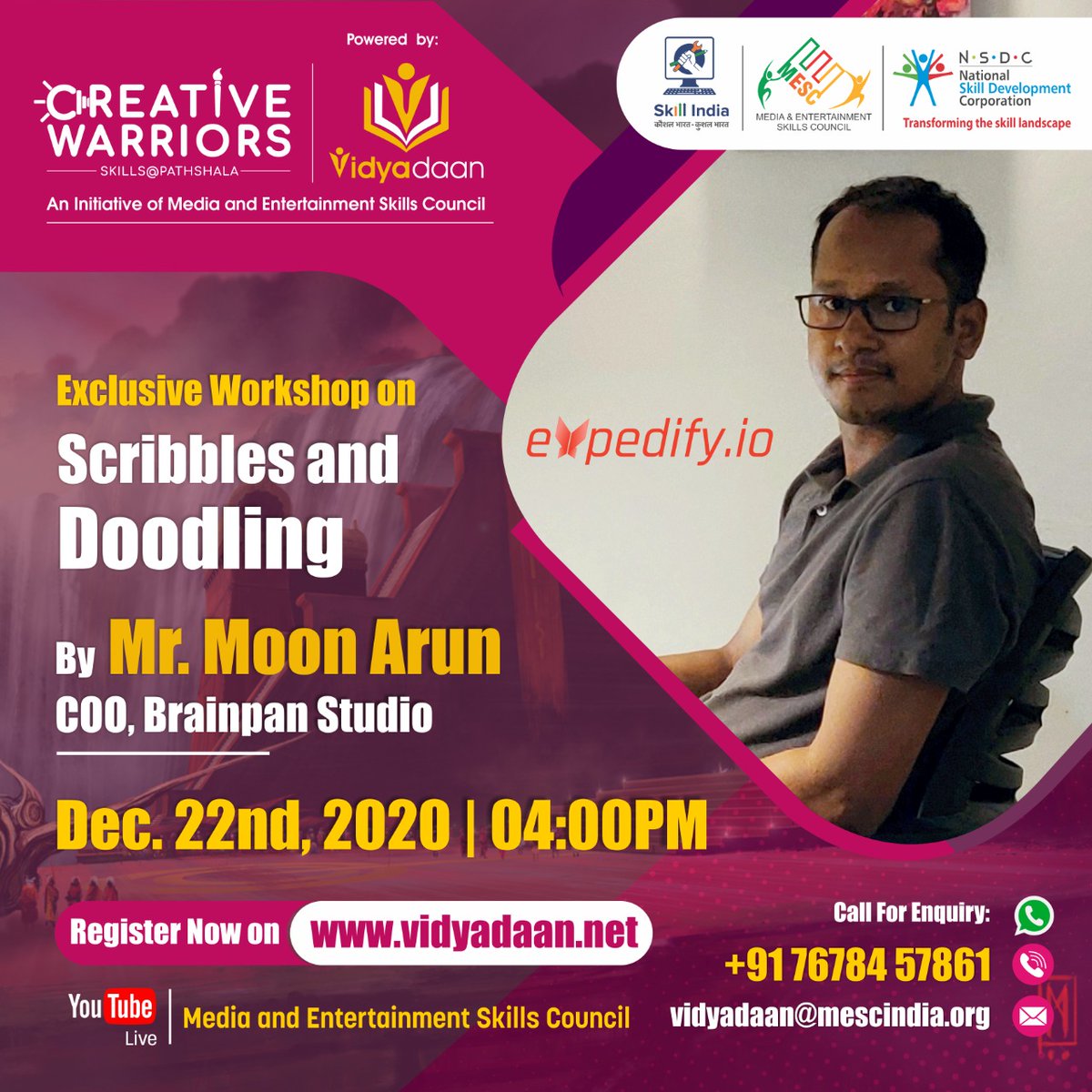 expedifyio's tweet photo. Celebrity artist and the COO of https://t.co/wflhq3uKF7 (formerly Brainpan Studio), Mr. Moon Arun [username] will be conducting an exclusive workshop.   Register here- https://t.co/4fwEf6Kr9y

When: 22nd December 2020; 4 PM IST
Where: YouTube @mesc_india

#doodle #animation https://t.co/SBSnWEvEpc