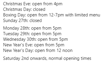 georgedragonmw's tweet photo. We've stayed in Tier 2 so opening times over #Christmas & New Year have to reflect that (sorry). Here they are and hope to see you in the pub over the festive period #MuchWenlock #Tier2 #NewNotNormal https://t.co/1KFUZ4R4bM