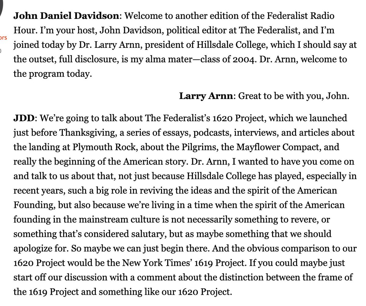 Apparently this piece was made possible by the 1620 Project, the far right's answer to the 1619 Project. And I'm honestly not even going to touch any of this. The right's position on the 1619 Project is familiar to all of us by now.