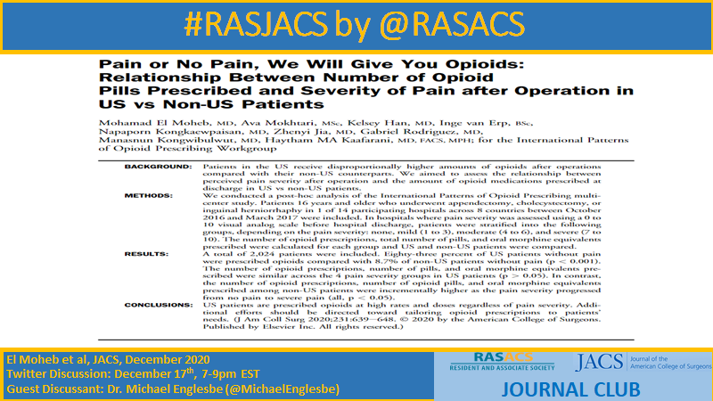 RAS-ACS (@rasacs) on Twitter photo Looking forward to our #RASJACS Journal Club TONIGHT, 7-9 pm EST! Join us as we discuss opioid prescribing practices - how does the U.S. compare to others countries? What can we do better? Join the dialogue tonight with guest discussant <a href="/MichaelEnglesbe/">Michael Englesbe</a> pubmed.ncbi.nlm.nih.gov/32977034/ Looking forward to our #RASJACS Journal Club TONIGHT, 7-9 pm EST! Join us as we discuss opioid prescribing practices - how does the U.S. compare to others countries? What can we do better? Join the dialogue tonight with guest discussant <a href="/MichaelEnglesbe/">Michael Englesbe</a> pubmed.ncbi.nlm.nih.gov/32977034/
