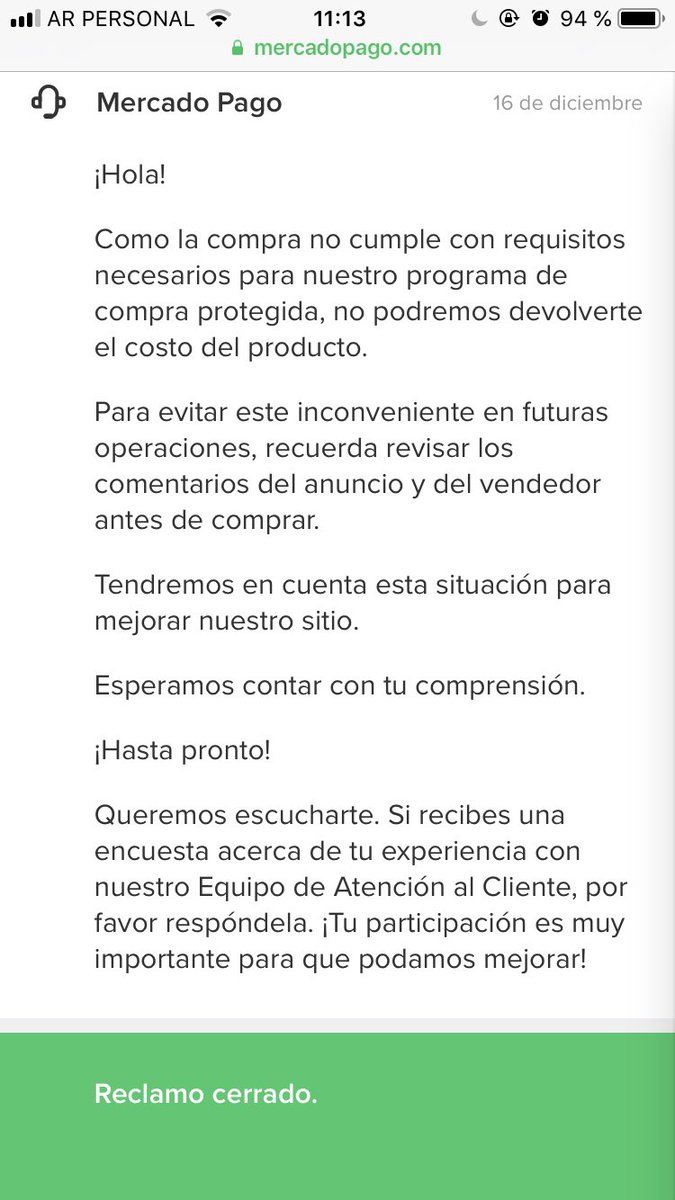 mermxn's tweet photo. @mercadopago @BAconsumidor @BAconsumidor @mercadopago ya presenté los mails en este mismo tuit y no quieren ayudarme. Hice el reclamo dijeron que no me podían devolver nada porque no era un caso de su incumbencia y cerraron mi reclamo. TIENEN UN USUARIO EN MERCADOPAGO QUE ESTAFA Y RECHAZAN LOS RECLAMOS https://t.co/en5sTdBDzL