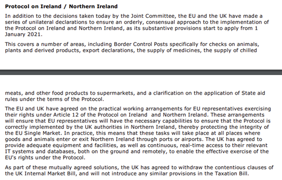 And some unilateral declarations adoptedAs expected: "As part of these mutually agreed solutions, the UK has agreed to withdraw the contentious clauses of the UK Internal Market Bill, and will not introduce any similar provisions in the Taxation Bill"