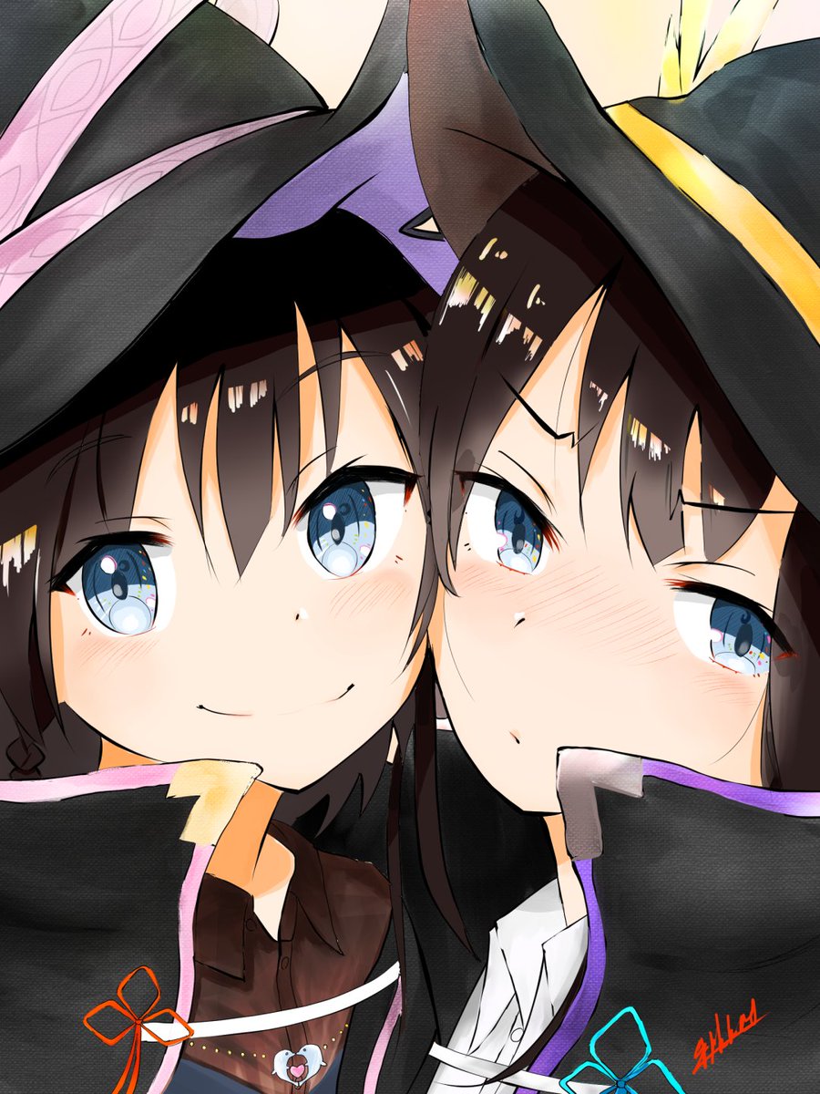 shigure (kancolle) multiple girls 2girls blue eyes hat witch hat smile blush  illustration images