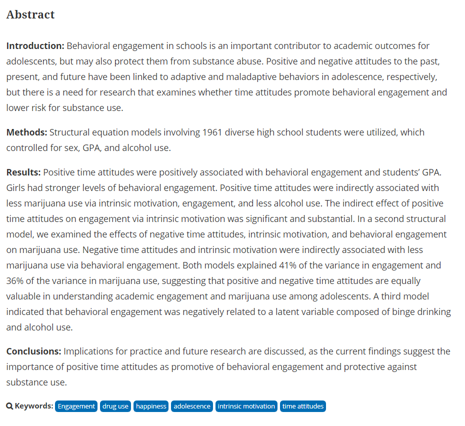 Positive and negative time attitudes, intrinsic motivation, behavioral engagement and substance use among urban adolescents #online today 

tandfonline.com/doi/abs/10.108…