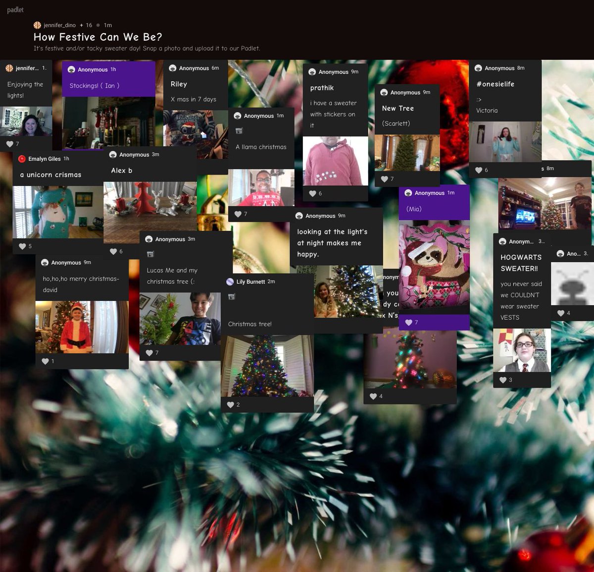 Who says virtual learning can't be fun?!  Our class community learning about family traditions and holiday fun. How Festive Can We Be? <a href="/TrittSTEAM/">Tritt Elementary School</a> #winterfun #holidays #festiveortacky
padlet.com/jennifer_dino/…