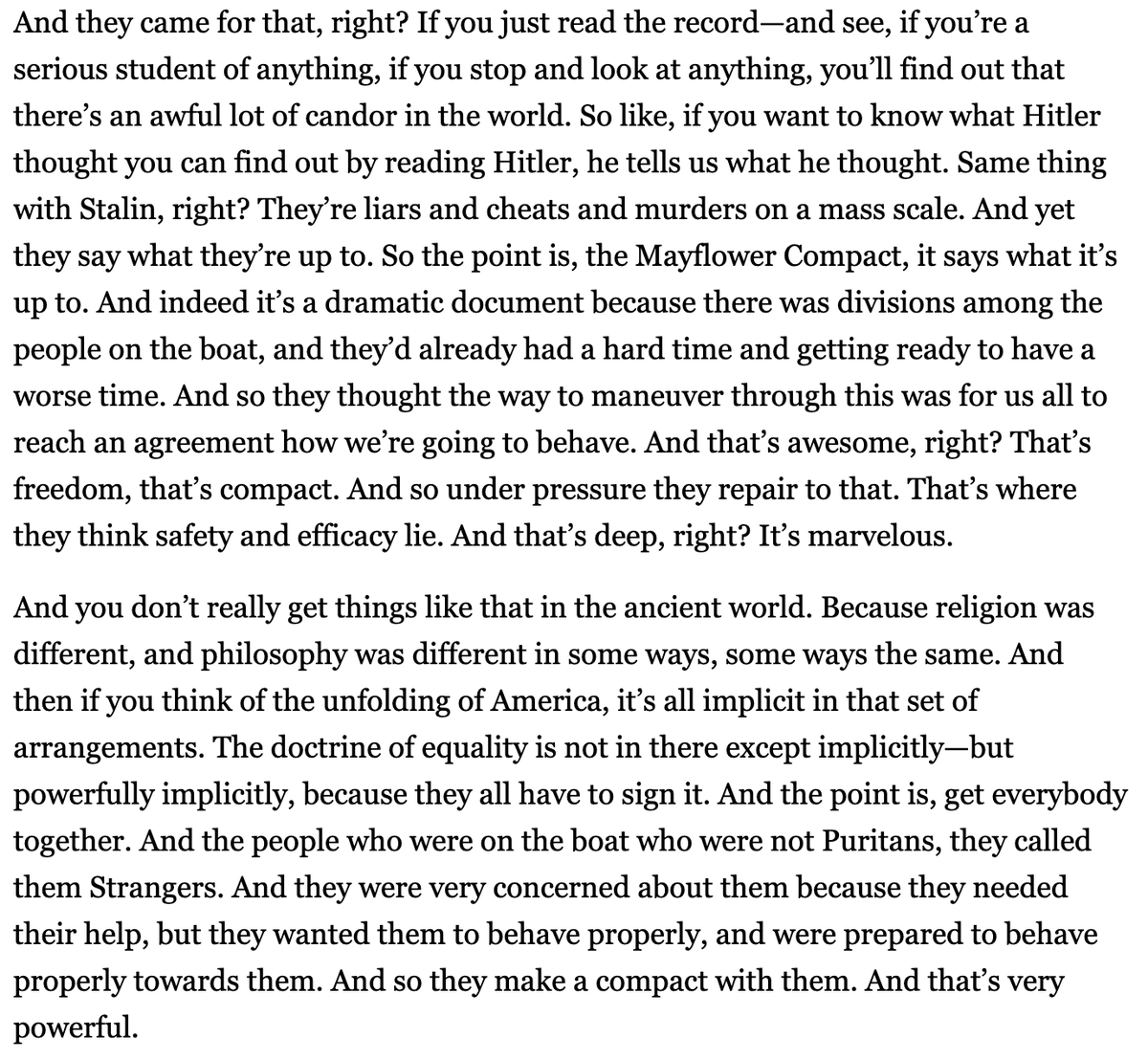 Arnn's answer, unfortunately, is a rambling response about Christian exceptionalism that, aside from a stray comment about shipboard practices on the "Mayflower," says *NOTHING* about the political, social, or religious context of Europe in 1620.