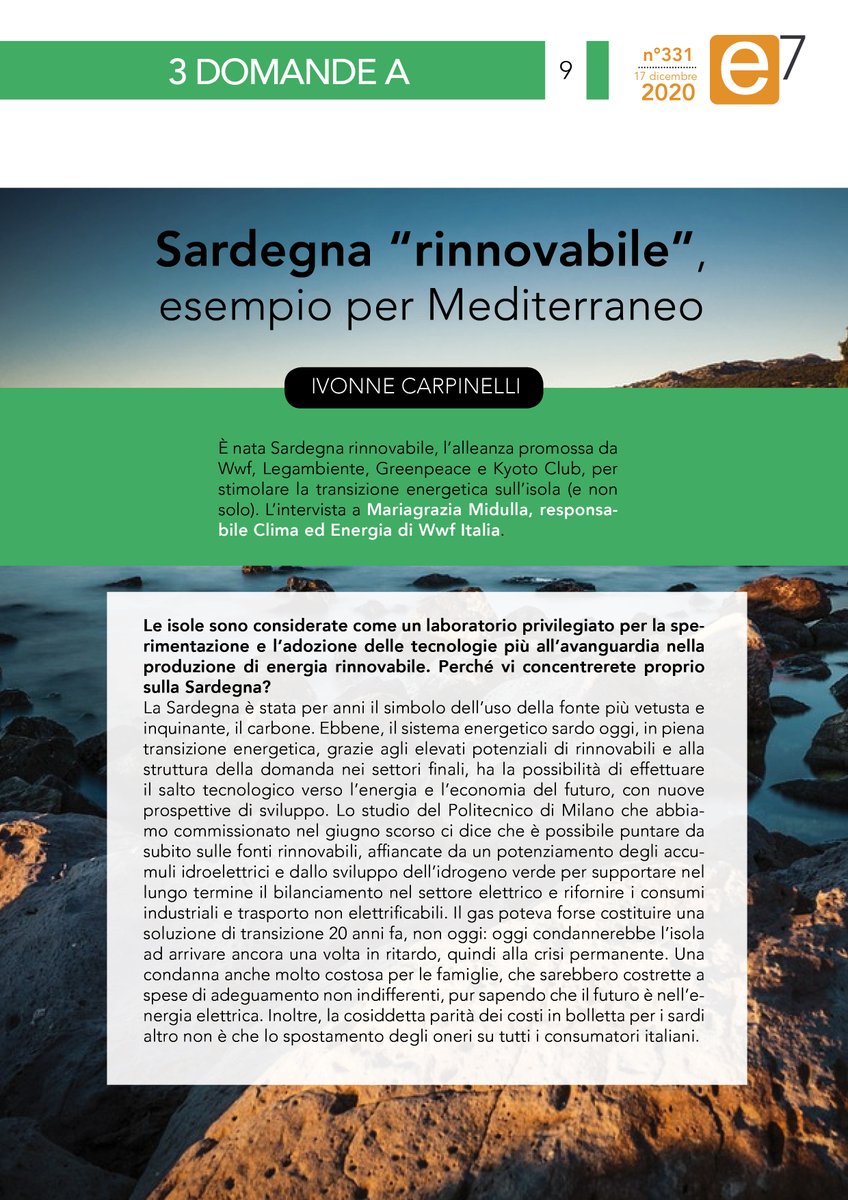 "#Sardegna #rinnovabile” esempio per Mediterraneo. Su #e7 intervista a <a href="/MgMidu/">Mariagrazia Midulla </a> <a href="/WWFitalia/">wwfitalia</a> sul progetto promosso con Legambiente, Kyoto Club, e Greenpeace #transizioneenergetica #smartisland gruppoitaliaenergia.it/files/e7del202…