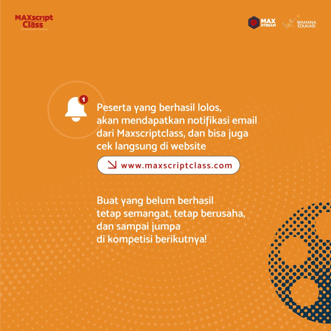 maxscriptclass's tweet photo. Halo para peserta #MaxscriptClass! Siapa yang sudah siap untuk pengumuman peserta yang lolos untuk tahap selanjutnya? Ayo segera cek apakah kalian berhasil lolos untuk mengikuti sesi selanjutnya di https://t.co/RoBokwJU87 yah 😊
#MaxscriptClass #MAXstream #WahanaEdukasi https://t.co/LATJog3vlK