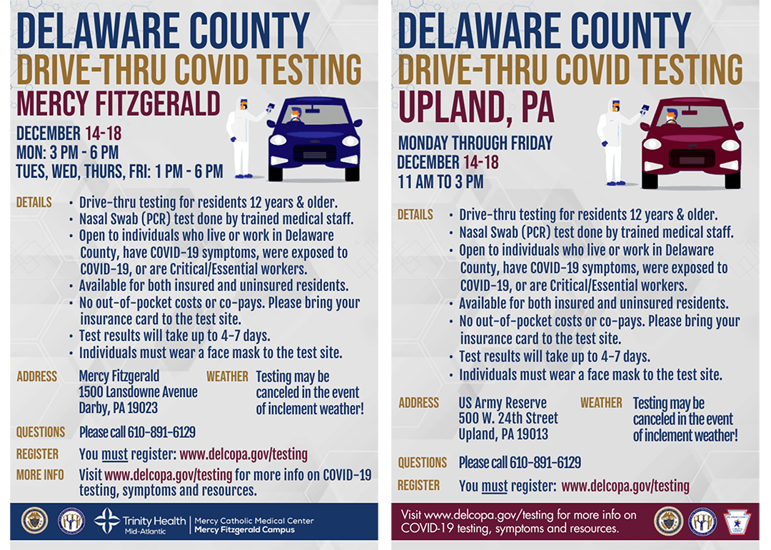 GarnetValleySD's tweet photo. Drive-thru Covid-19 testing sites next week December 14-18, at US Army Reserve 500 W 24th Street, Upland PA and Mercy Fitzgerald 1500 Lansdowne Avenue, Darby PA. See the attached flyers for details on the times for each location. #drivethrutesting #covid19testing #delco https://t.co/wvKAECy2AT