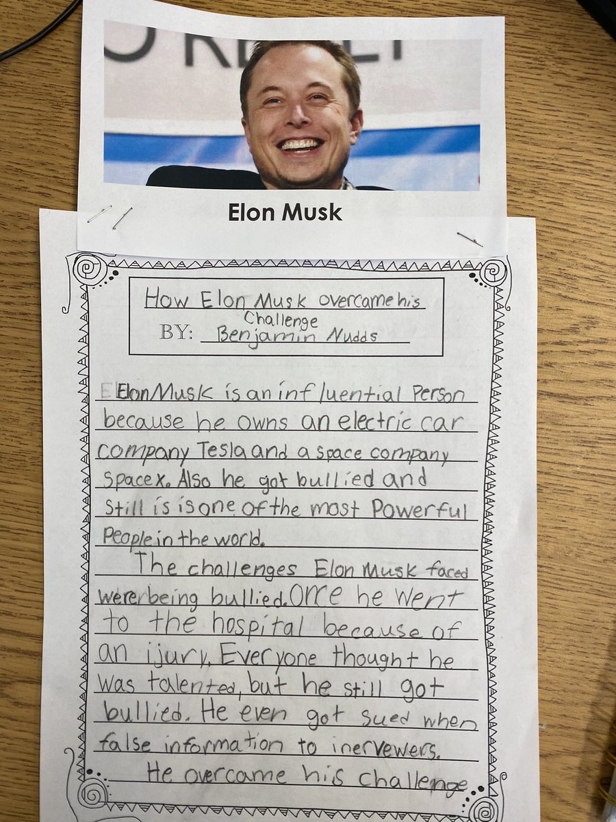 MrsMadden34's tweet photo. Ben was inspired by the challenges that @elonmusk overcame! We can learn to never give up on our dreams! https://t.co/B3UsvFGh93