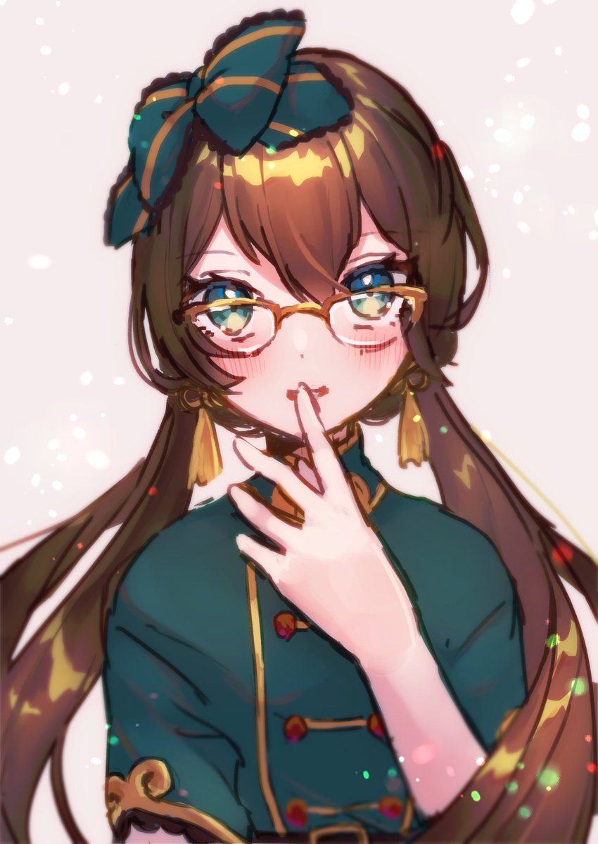 1girl solo glasses bow brown hair long hair twintails  illustration images