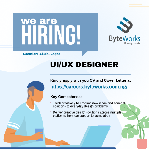 byteworksng's tweet photo. We are looking to hire exceptional UX designers... If you think you have what it take kindly visit https://t.co/Xxxmca0LB4 to apply. We can't wait to have you on board. #nigeria #jobs #uxdesigner #ui #Abuja #Lagos #AbujaTwitterCommunity #LagosTwitterCommunity #RETWEEET https://t.co/x2rQWx1s5q