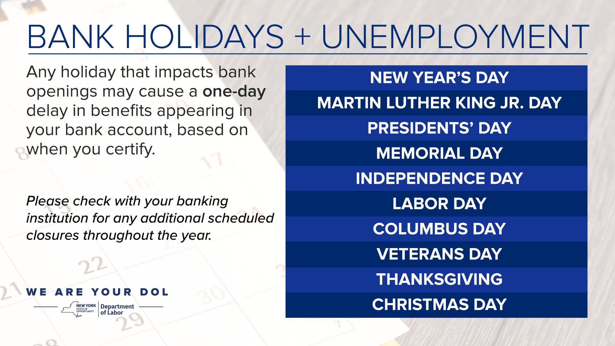 NYS Department of Labor on Twitter: "Bank holidays, including Christmas & New Year’s Day, will 