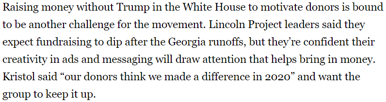 The Lincoln Projection is a grift all the way down and they'll tell you right to your face.  https://www.politico.com/news/2020/12/17/never-trump-what-next-447235