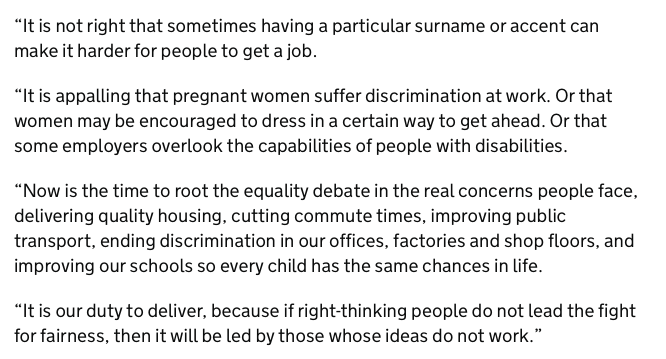 I have read this  https://www.gov.uk/government/news/fight-for-fairness-speech-to-set-out-governments-new-approach-to-equalityI think that the point being made is that socio-economic inequality is a major driver of disadvantage and discrimination. A completely orthodox point - indeed the Equality Act has an as yet untriggered socio economic duty.