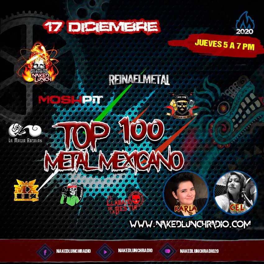 nakedlunchgr's tweet photo. Jueves 17 dic #5pm toca el turno de la belleza femenina,tenemos el #dia4 de este #top100 del #metalmexicano con @Cel_Metal_ @mxrock_ y #KarlaBB de @LaMagiaAbsalon #5a7pm faltan las últimas 40, veremos del puesto 40 al 21 ¿Quién te gusta para estar dentro del top? #stayfkntuned https://t.co/d0evuvT94l